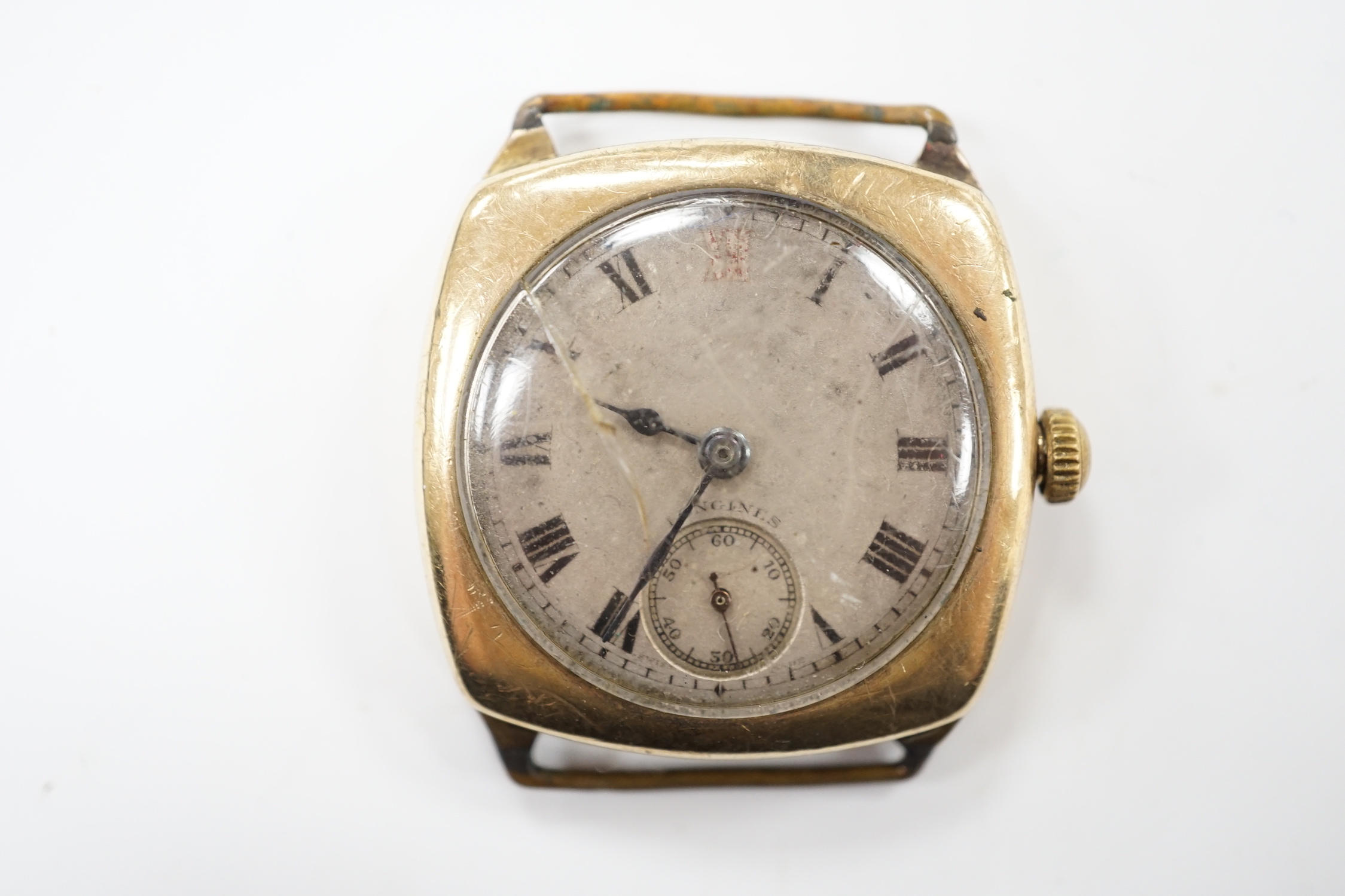 A gentleman's 1930's 9ct gold Longines manual wind wrist watch, with Roman dial, subsidiary seconds and case back inscription, no strap.